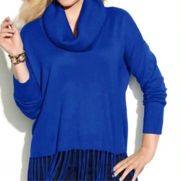 Michael Kors Women's OX Amalfi Blue Cowl Neck Long Sleeve Fringe Sweater Size L - Picture 1 of 12